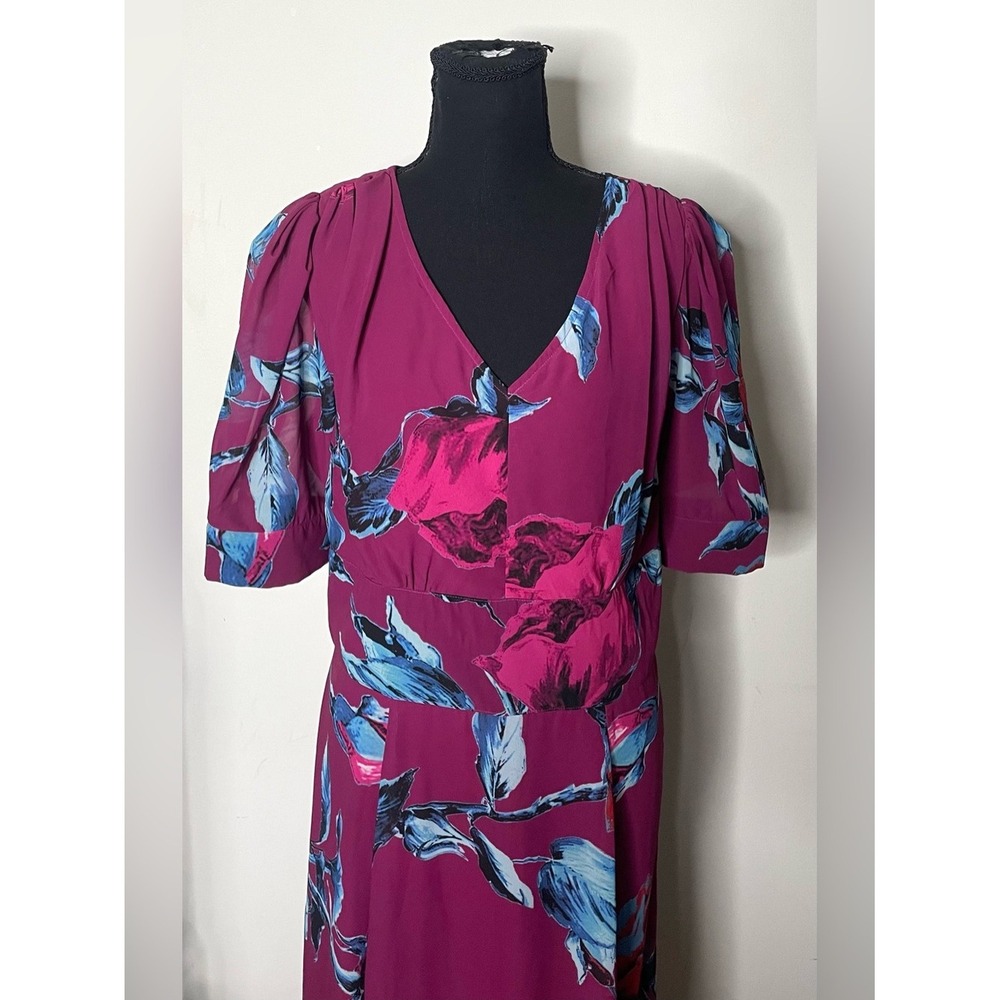 Eshakti-‎ Plum Floral Rose V-Neck Maxi Dress Short Puff Sleeve Special Occasion - Picture 12 of 12